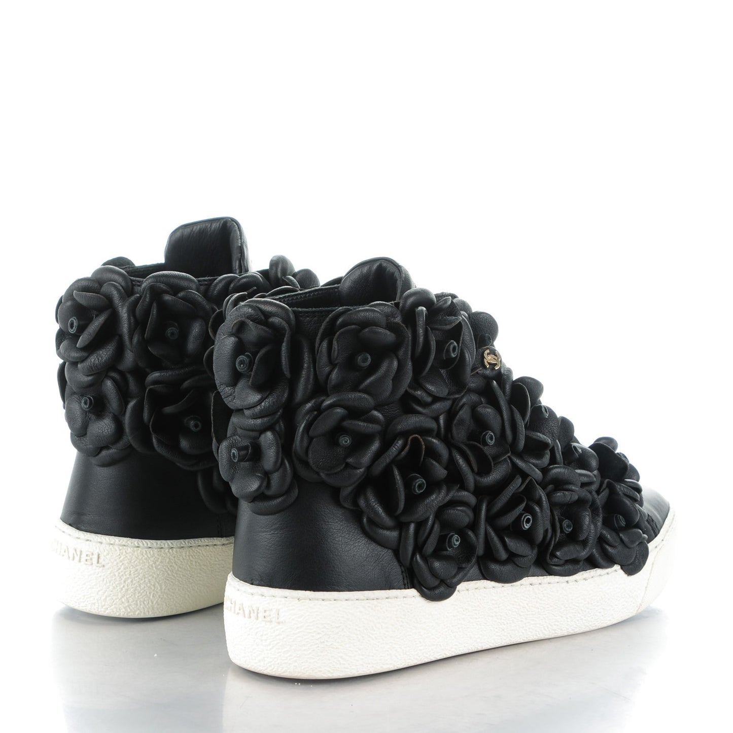 Calfskin Camellia High Top Sneakers 37.5 Black