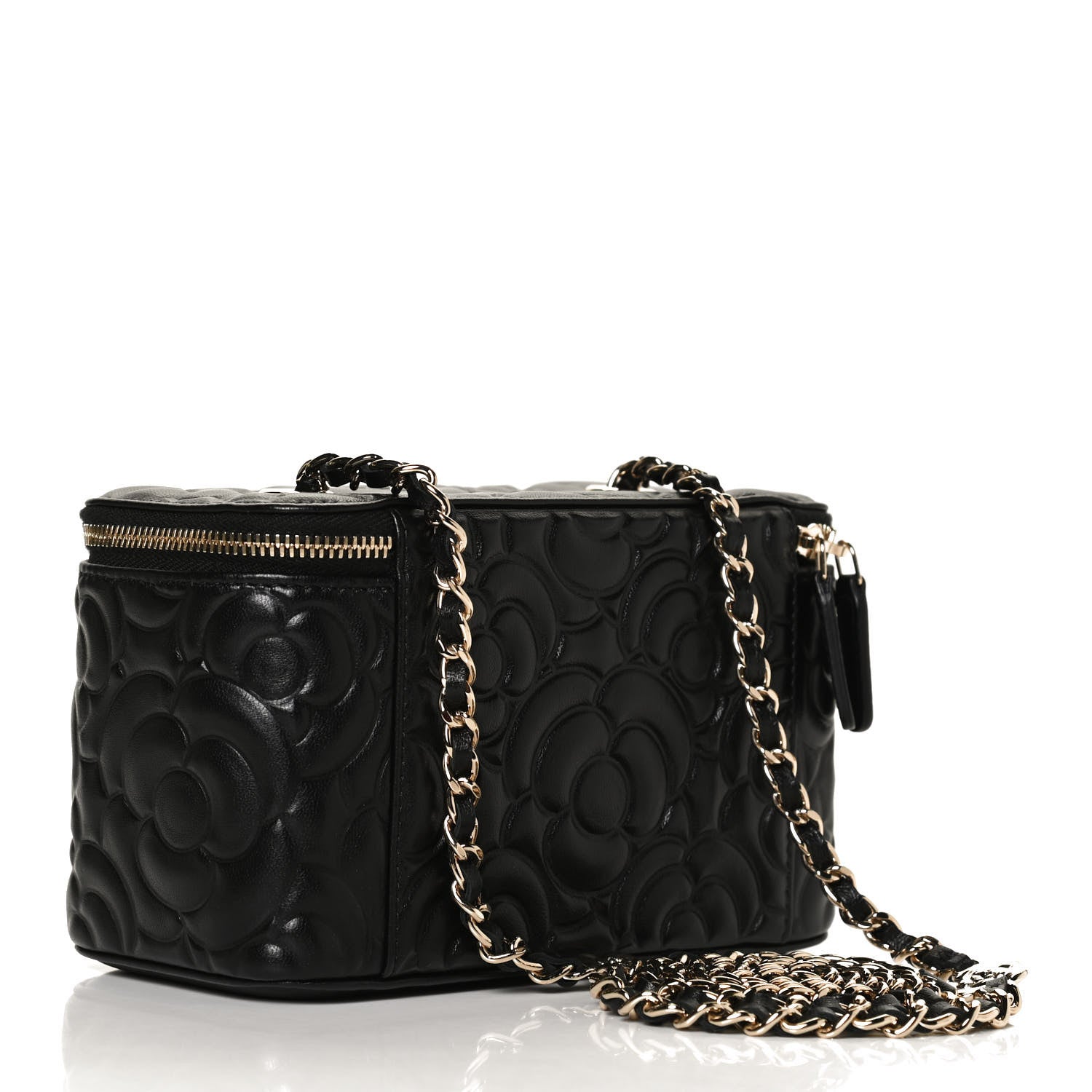 Chanel Lambskin Camellia Embossed Small Vanity Case With Chain Black 3 of 13