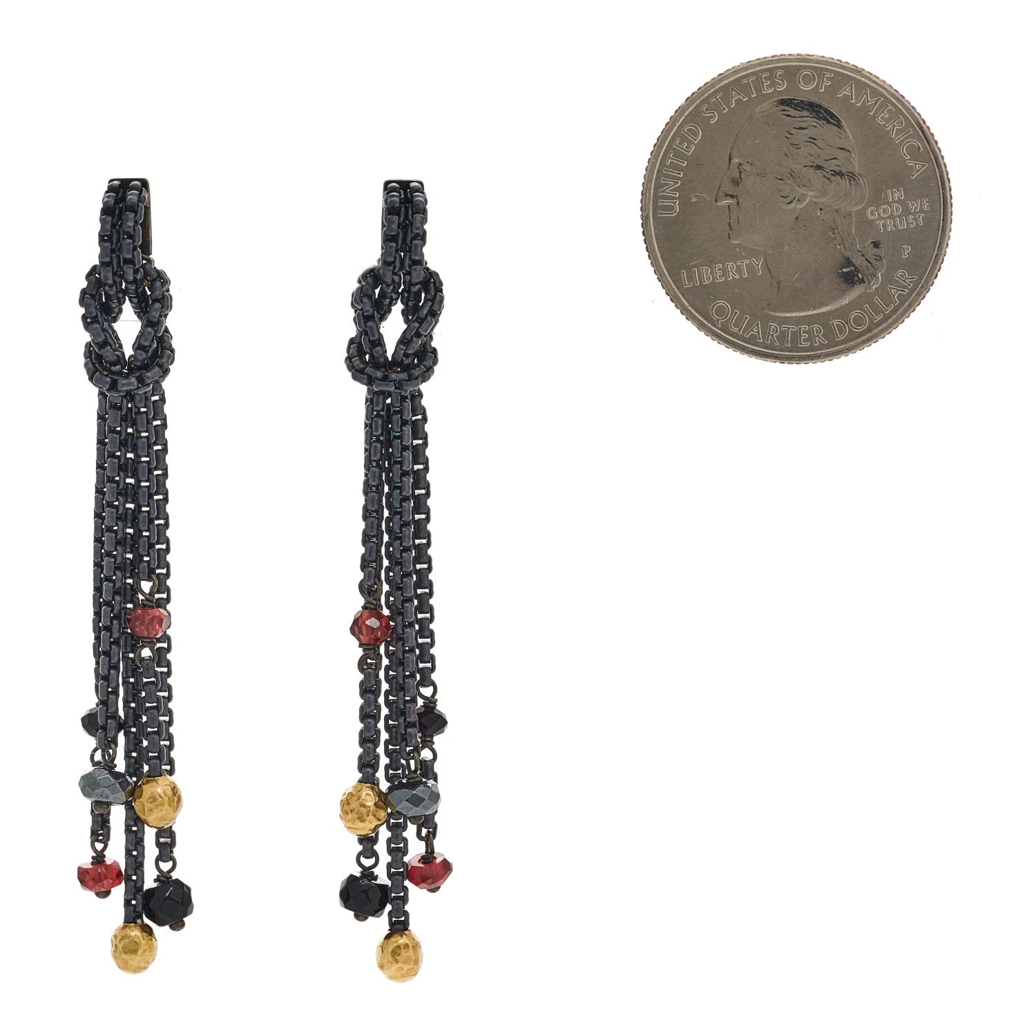 David Yurman Darkened Sterling Silver 18K Yellow Gold Garnet Hematite Black Onyx Box Chain Knot Drop Earrings 2 of 4