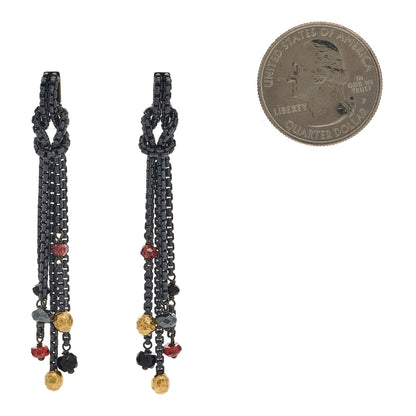 David Yurman Darkened Sterling Silver 18K Yellow Gold Garnet Hematite Black Onyx Box Chain Knot Drop Earrings 2 of 4