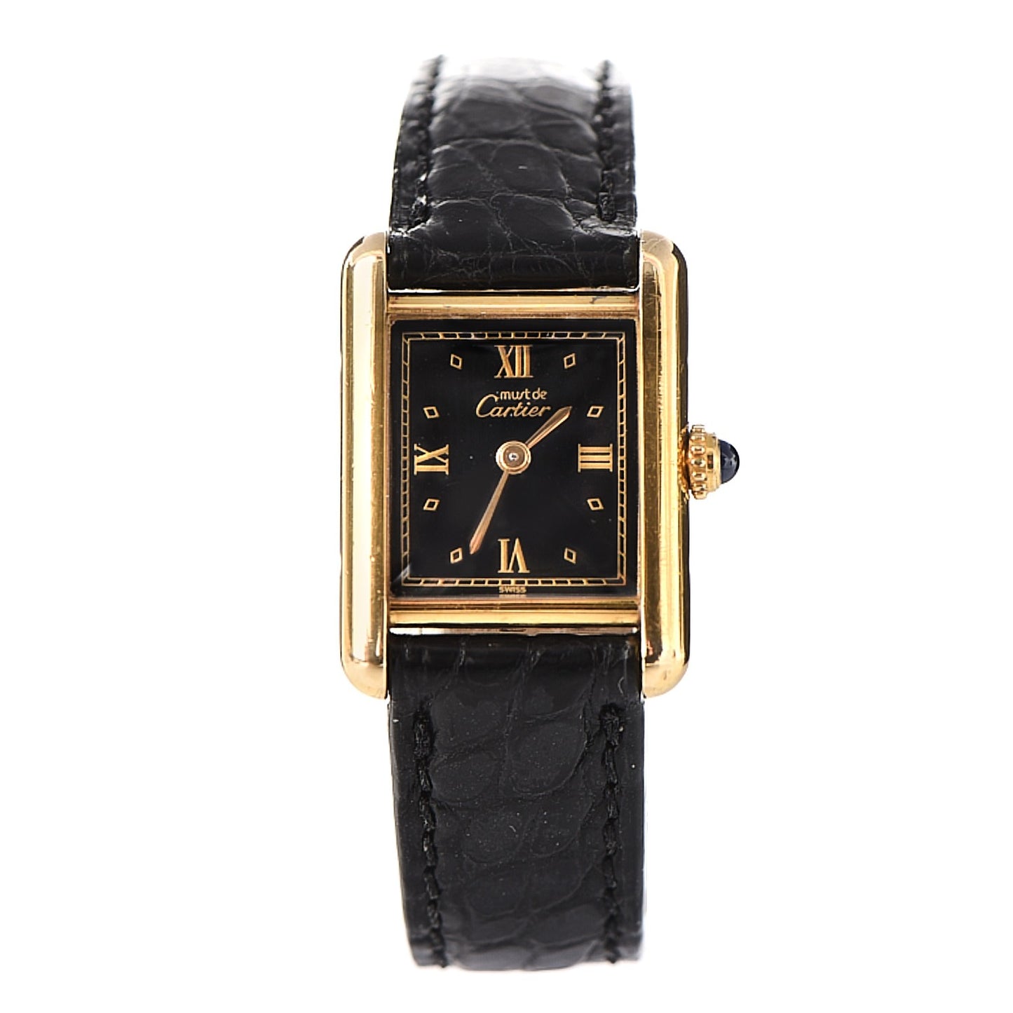 Sterling Silver Vermeil Alligator 20mm Must de Cartier Tank Quartz Watch Black