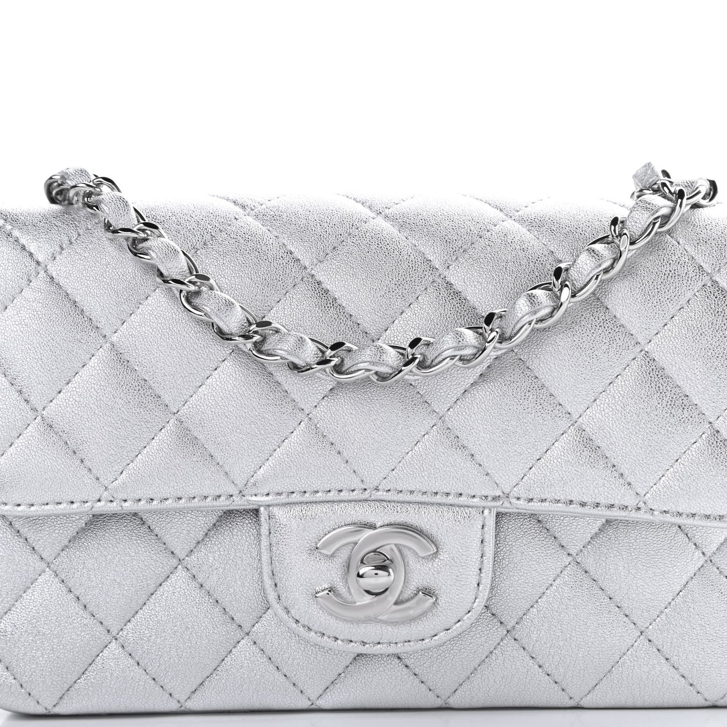 Metallic Lambskin Quilted Mini Rectangular Flap Silver