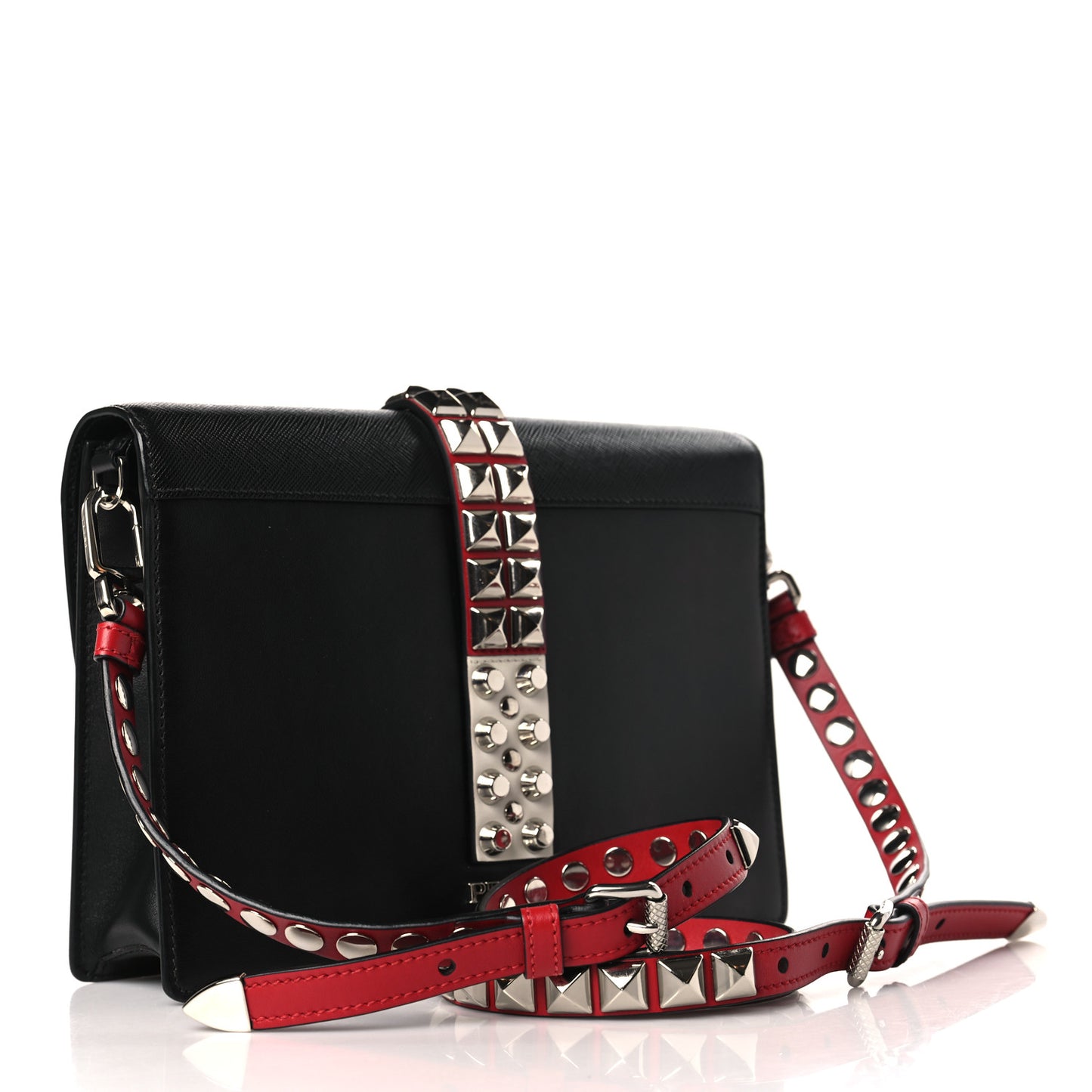 Saffiano City Calfskin Studded Large Elektra Shoulder Bag Black Fuoco