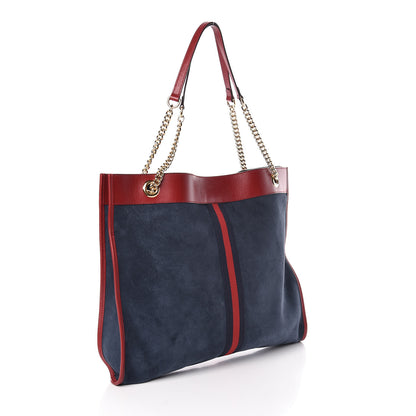 Gucci X MLB Suede Calfskin NY Yankees Large Rajah Chain Tote New Blue Romantic Cherry 4 of 10
