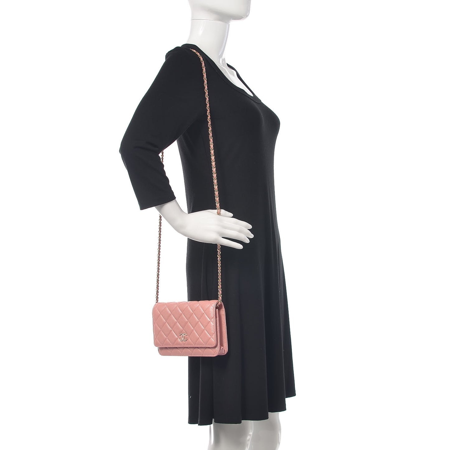 Iridescent Caviar Quilted Wallet on Chain WOC Rose Pink