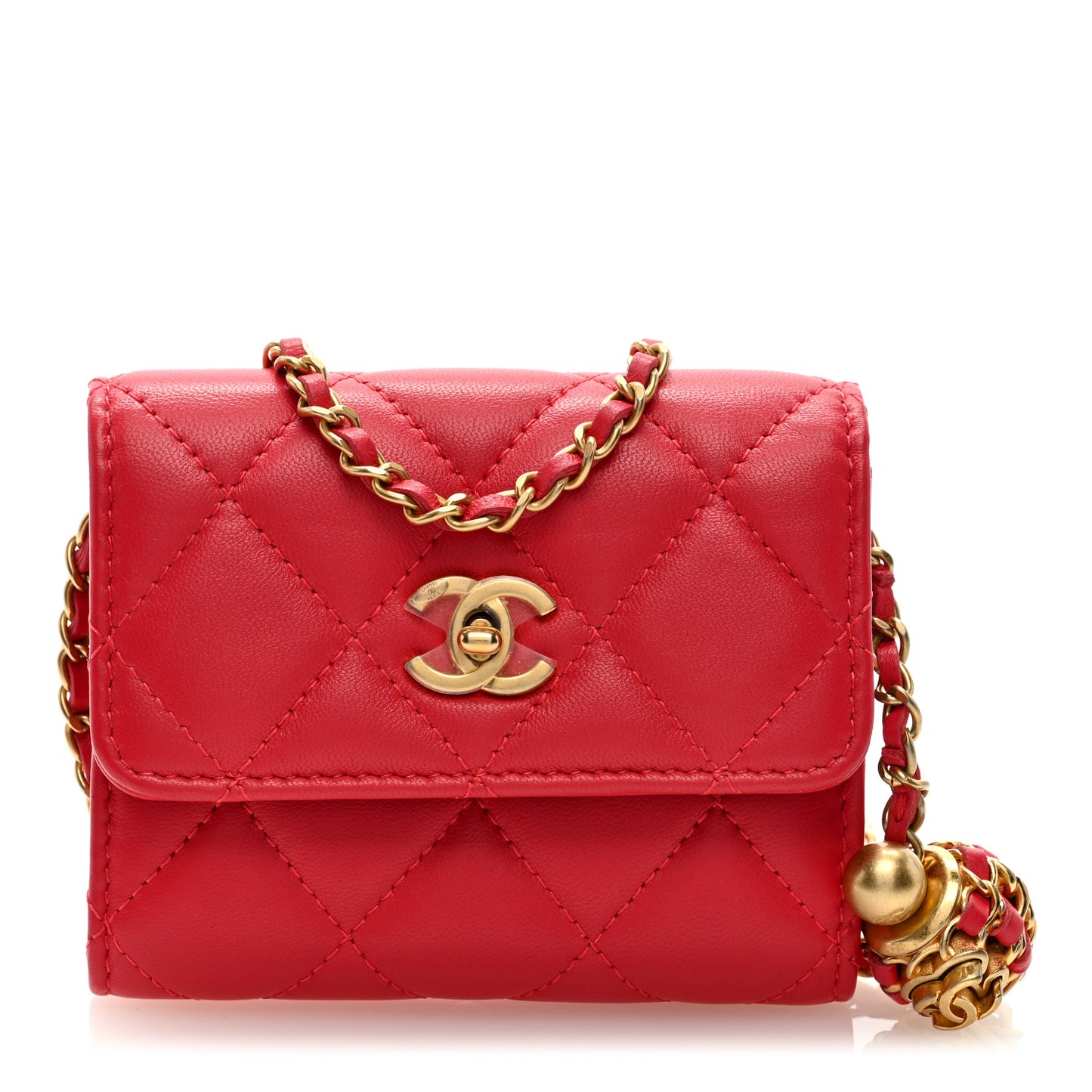 Lambskin Quilted Pearl Crush Card Holder With Chain Red