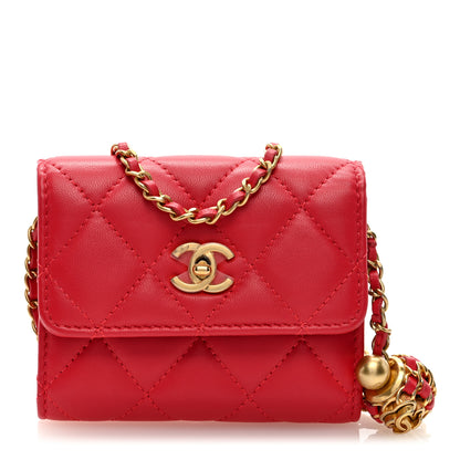 Chanel Lambskin Quilted Pearl Crush Card Holder With Chain Red 1 of 10