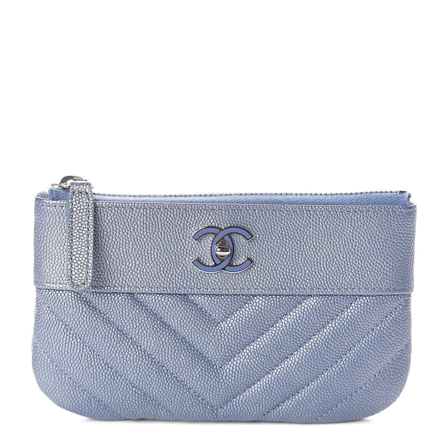 Metallic Caviar Chevron Quilted Small Vintage Mademoiselle Cosmetic Case Blue