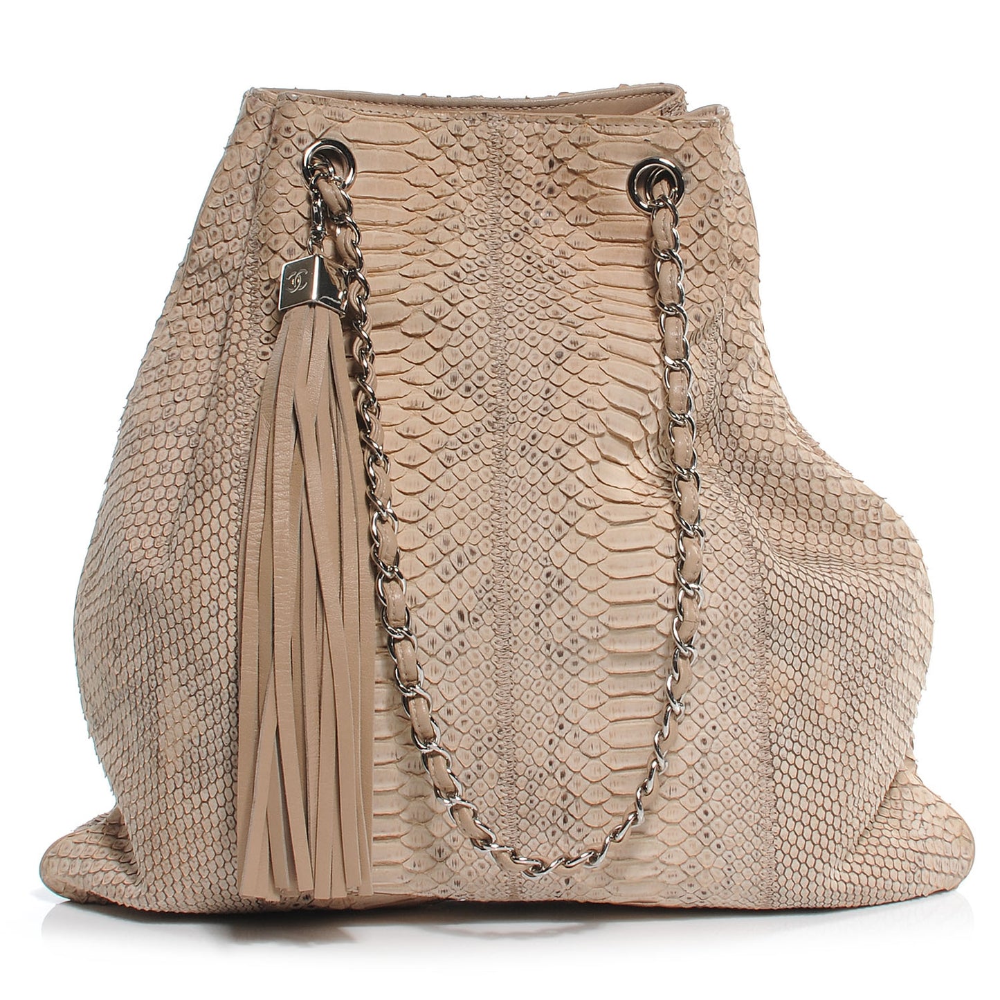 Python Tassel Drawstring Tote Beige