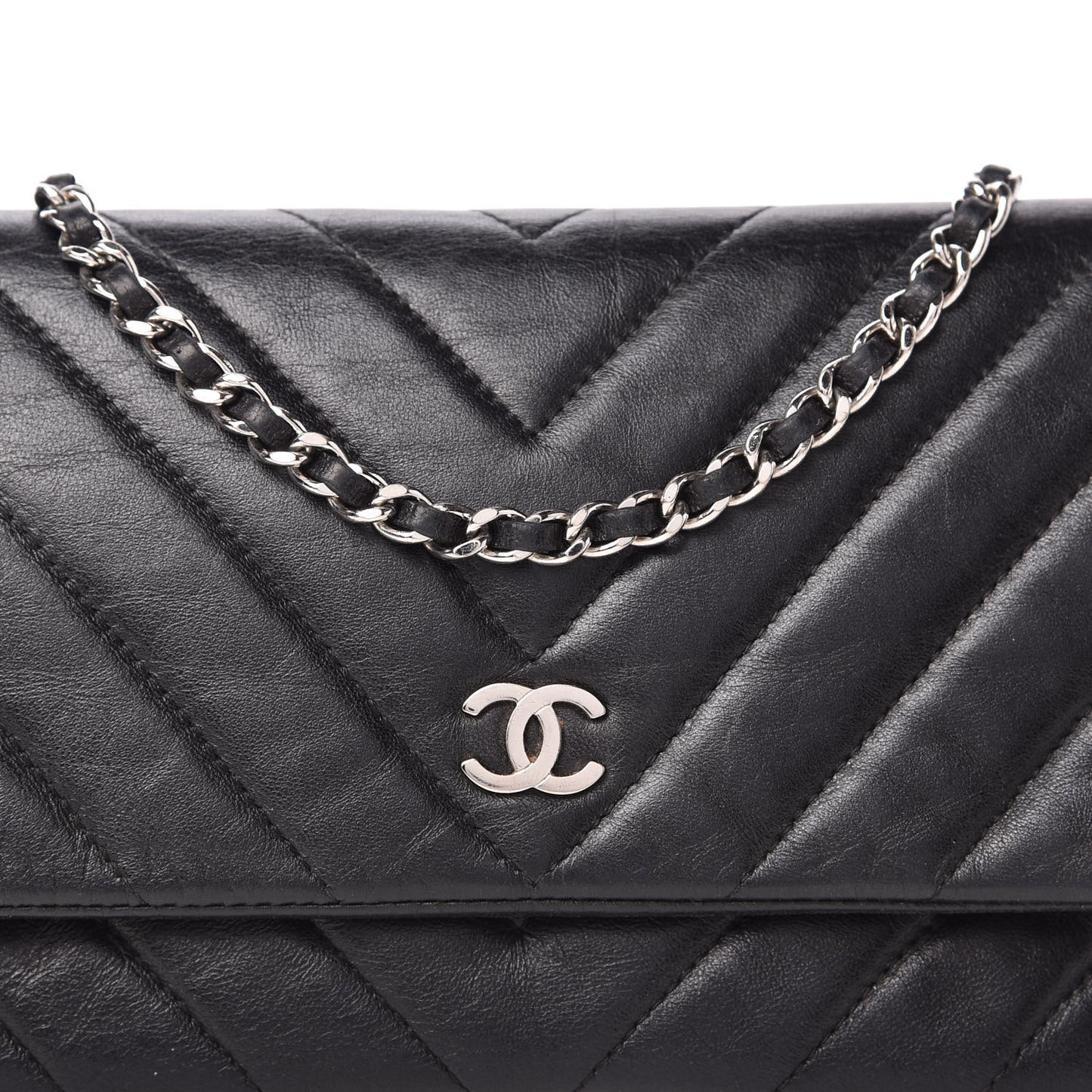 Lambskin Chevron Quilted Wallet On Chain WOC Black