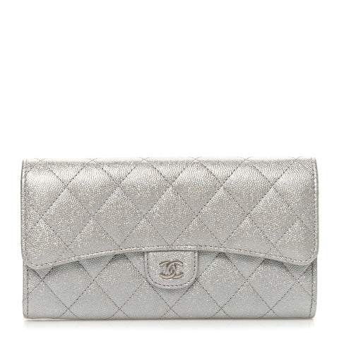 Glittered Metallic Caviar Quilted Large Flap Wallet Silver