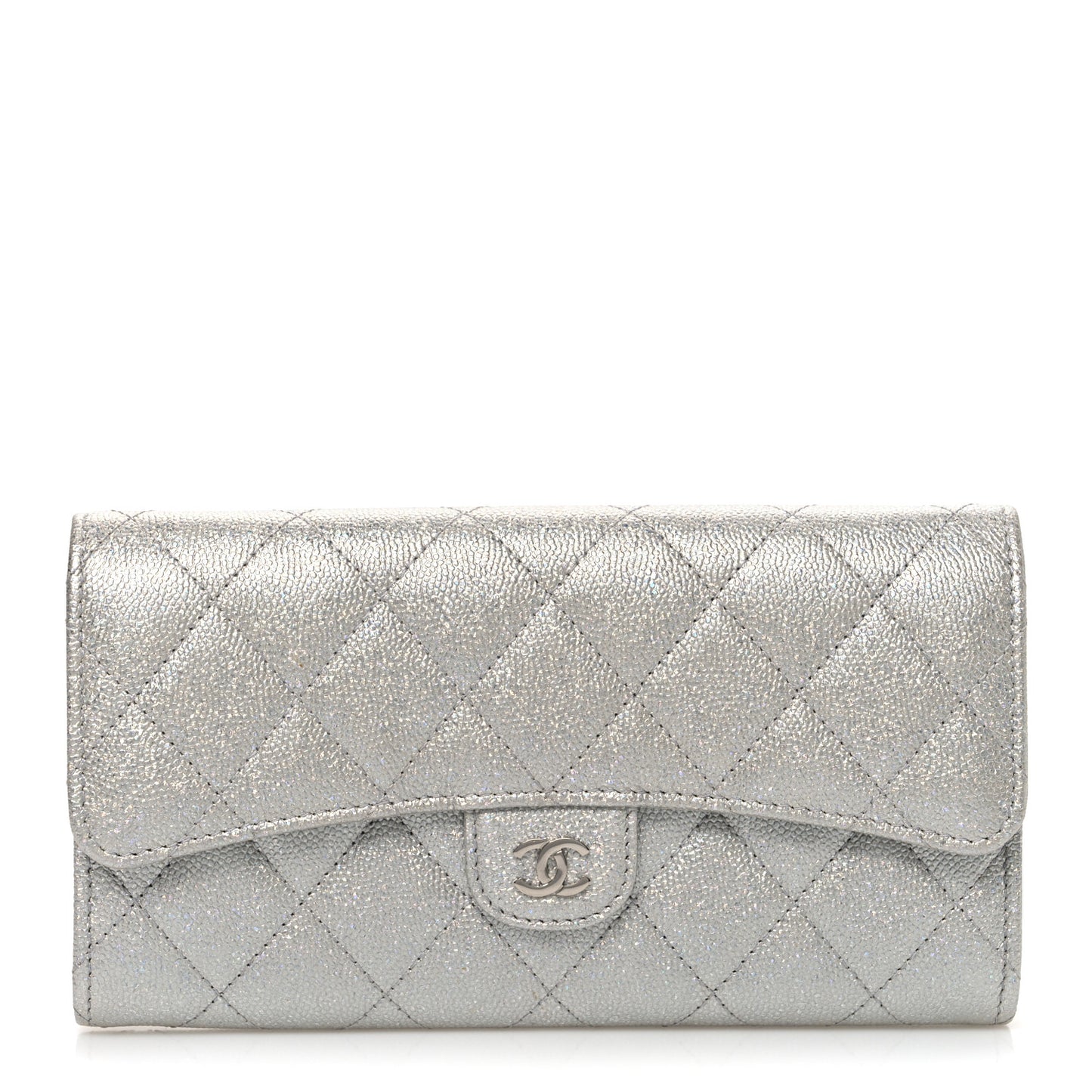 Glittered Metallic Caviar Quilted Large Flap Wallet Silver