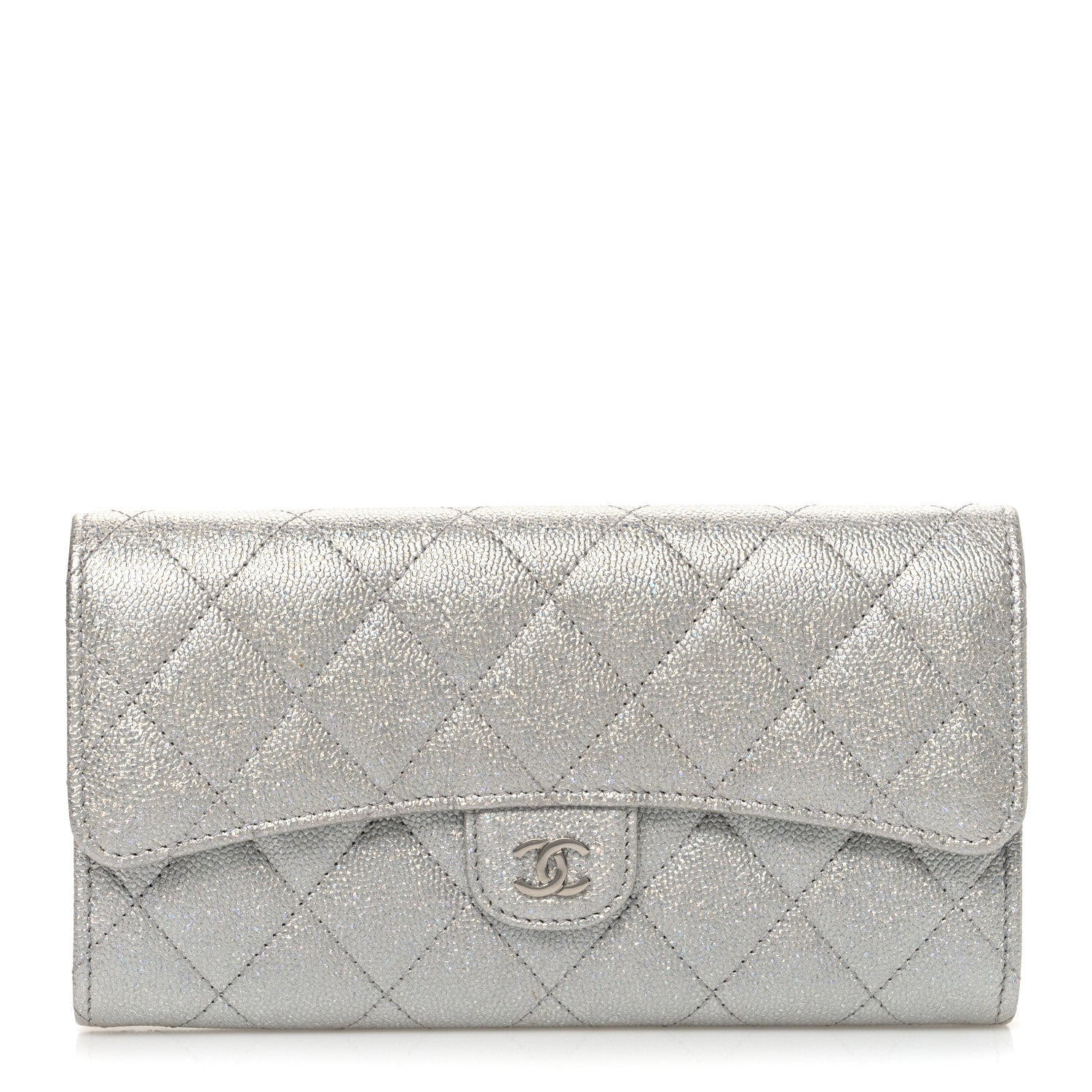 Chanel Glittered Metallic Caviar Quilted Large Flap Wallet Silver 1 of 8