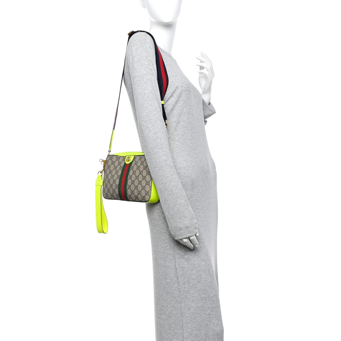 GG Supreme Monogram Textured Dollar Calfskin Web Ophidia Wristlet Shoulder Bag Beige Ebony Fluo Yellow
