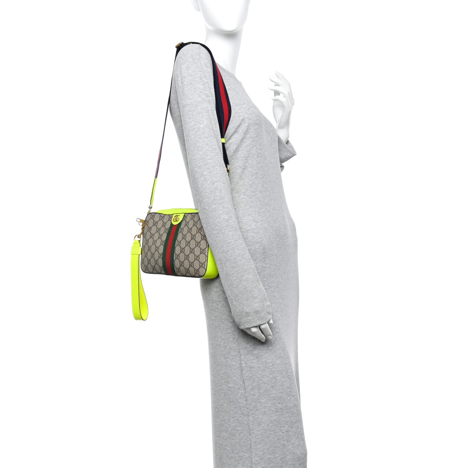Gucci GG Supreme Monogram Textured Dollar Calfskin Web Ophidia Wristlet Shoulder Bag Beige Ebony Fluo Yellow 2 of 11