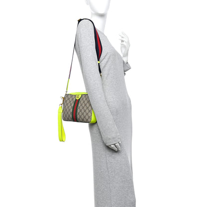 Gucci GG Supreme Monogram Textured Dollar Calfskin Web Ophidia Wristlet Shoulder Bag Beige Ebony Fluo Yellow 2 of 11