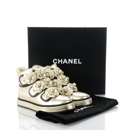 Chanel Metallic Lambskin Pearl Camellia High Top Sneakers 37.5 Gold 8 of 8