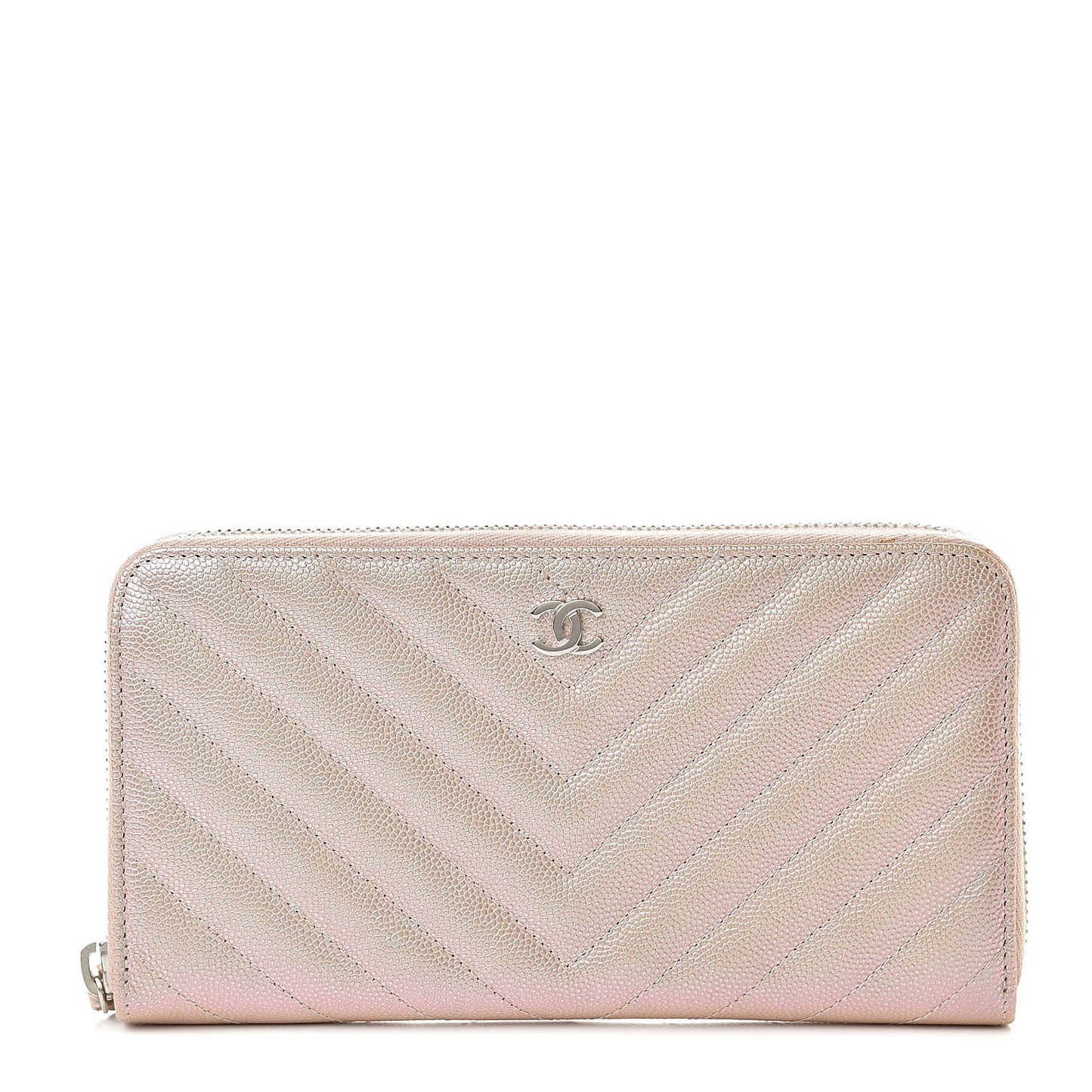 Metallic Caviar Chevron Quilted Large Gusset Zip Around Wallet Light Gold