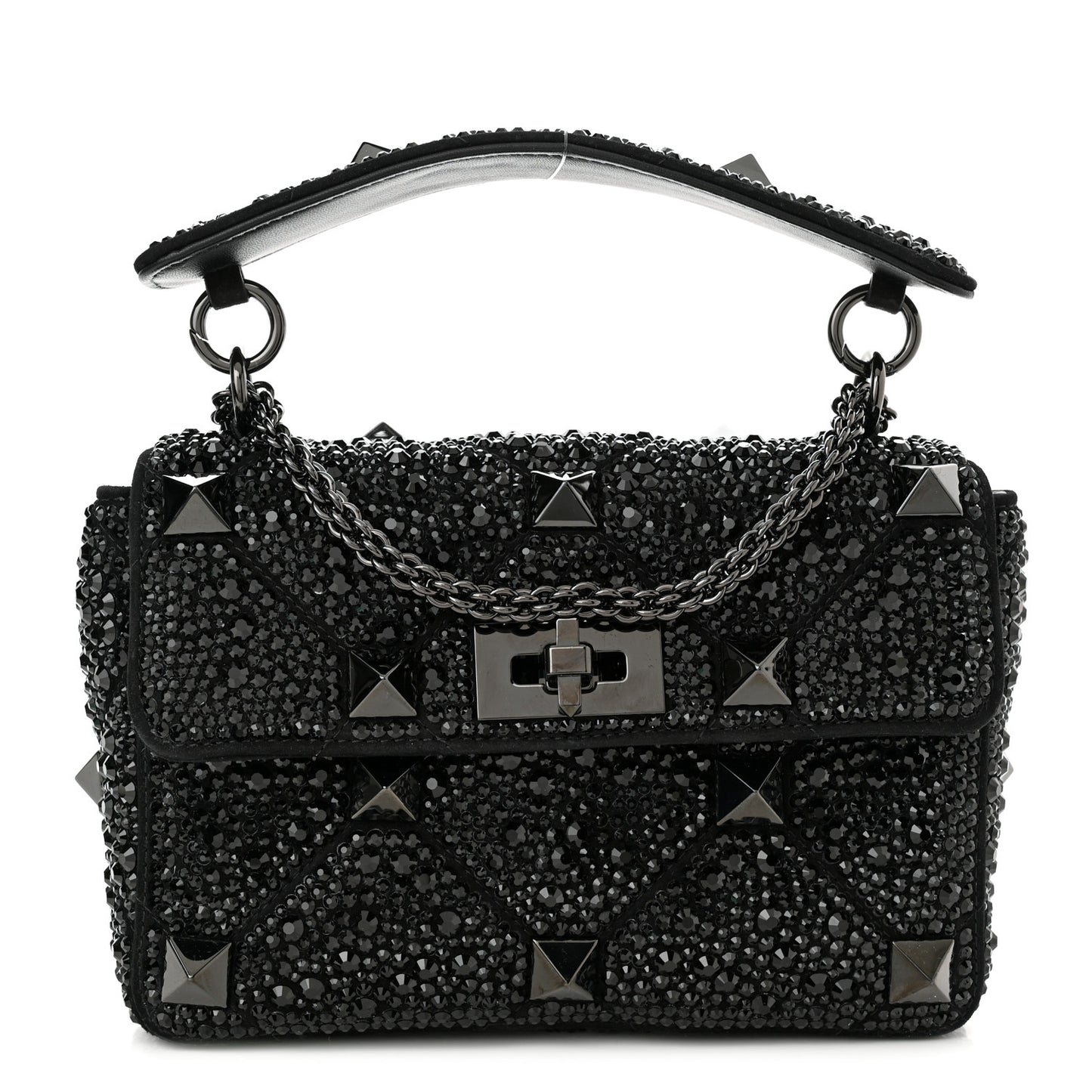 Crystal Suede Lacquer Monochrome Medium Roman Stud Shoulder Bag Black