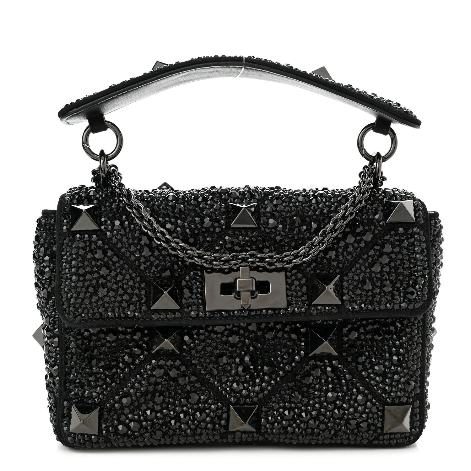 Valentino Garavani Crystal Suede Lacquer Monochrome Medium Roman Stud Shoulder Bag Black 1 of 9