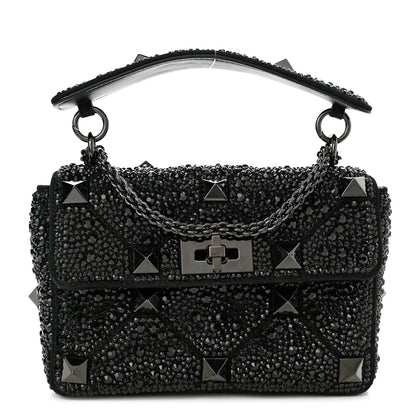 Valentino Garavani Crystal Suede Lacquer Monochrome Medium Roman Stud Shoulder Bag Black 1 of 9