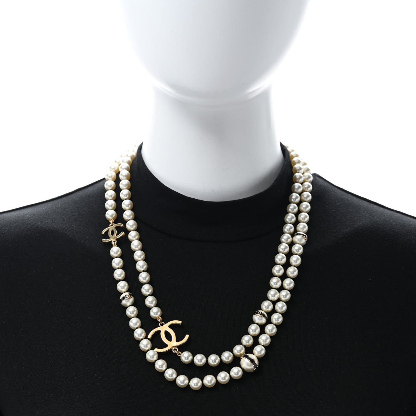 Pearl Enamel CC Long Necklace Black White Gold