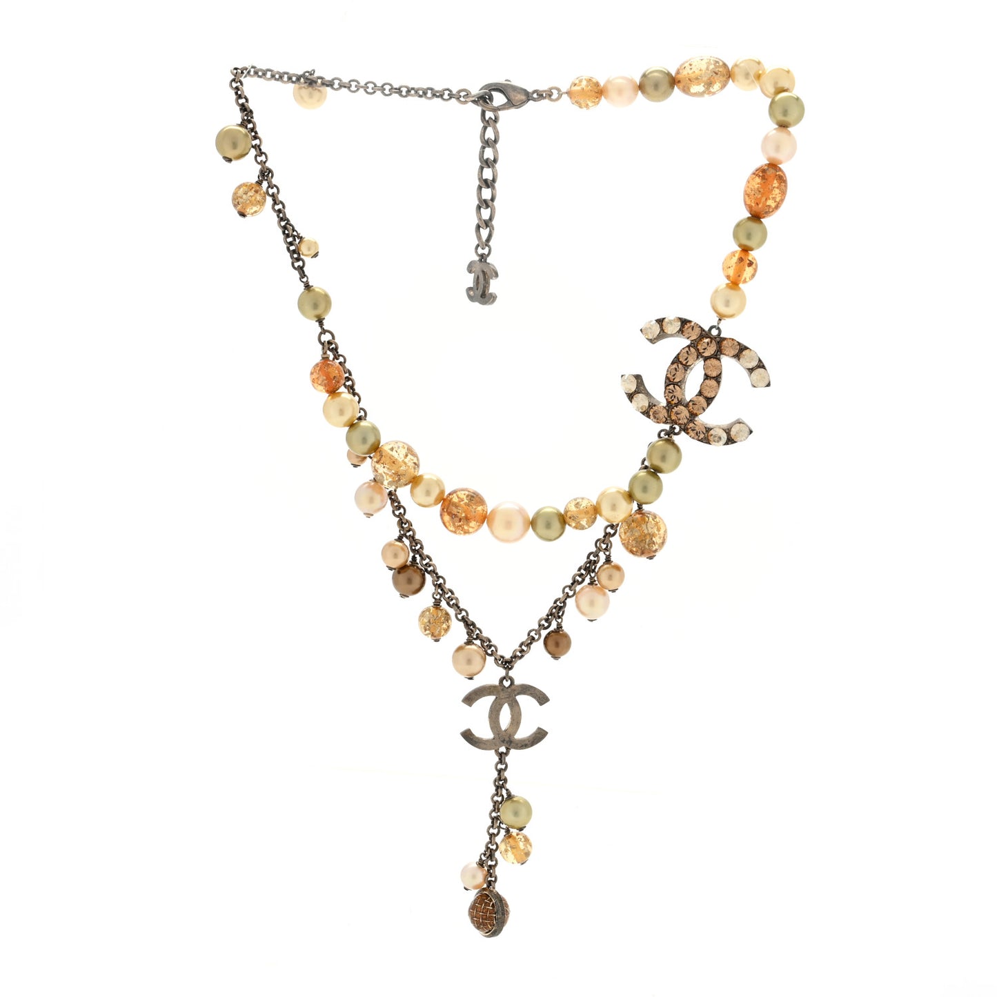 Pearl Bead Enamel CC Long Necklace Gold Multicolor