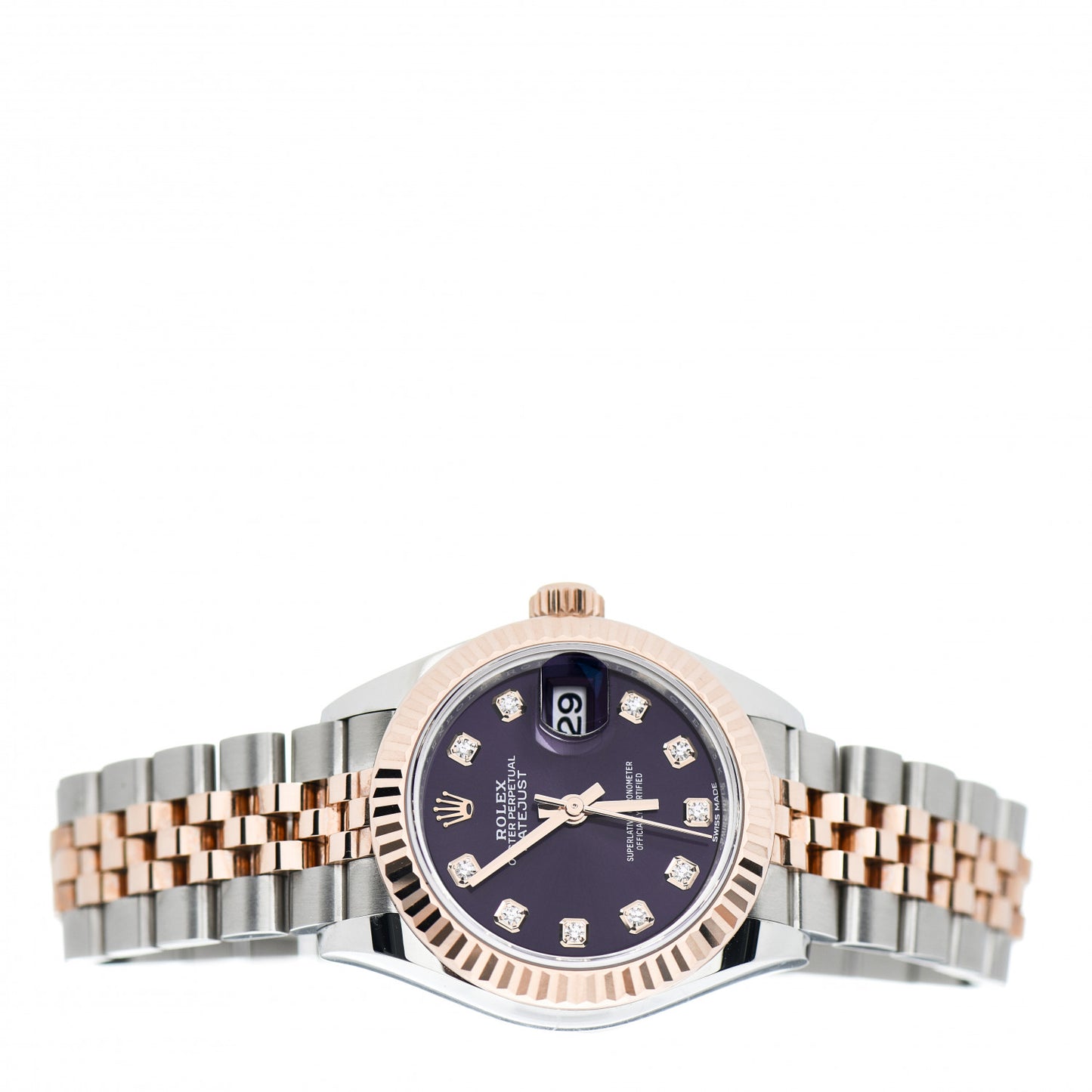 Stainless Steel 18K Everose Gold Diamond 28mm Oyster Perpetual Datejust Watch Aubergine 279171