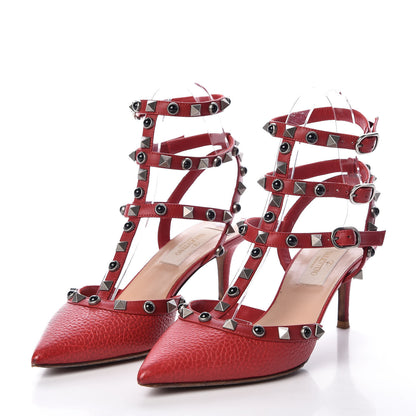 Valentino Garavani Pebbled Calfskin Onyx Rockstud Rolling Ankle Strap 65mm Pumps 35 Rosso Valentino 3 of 7
