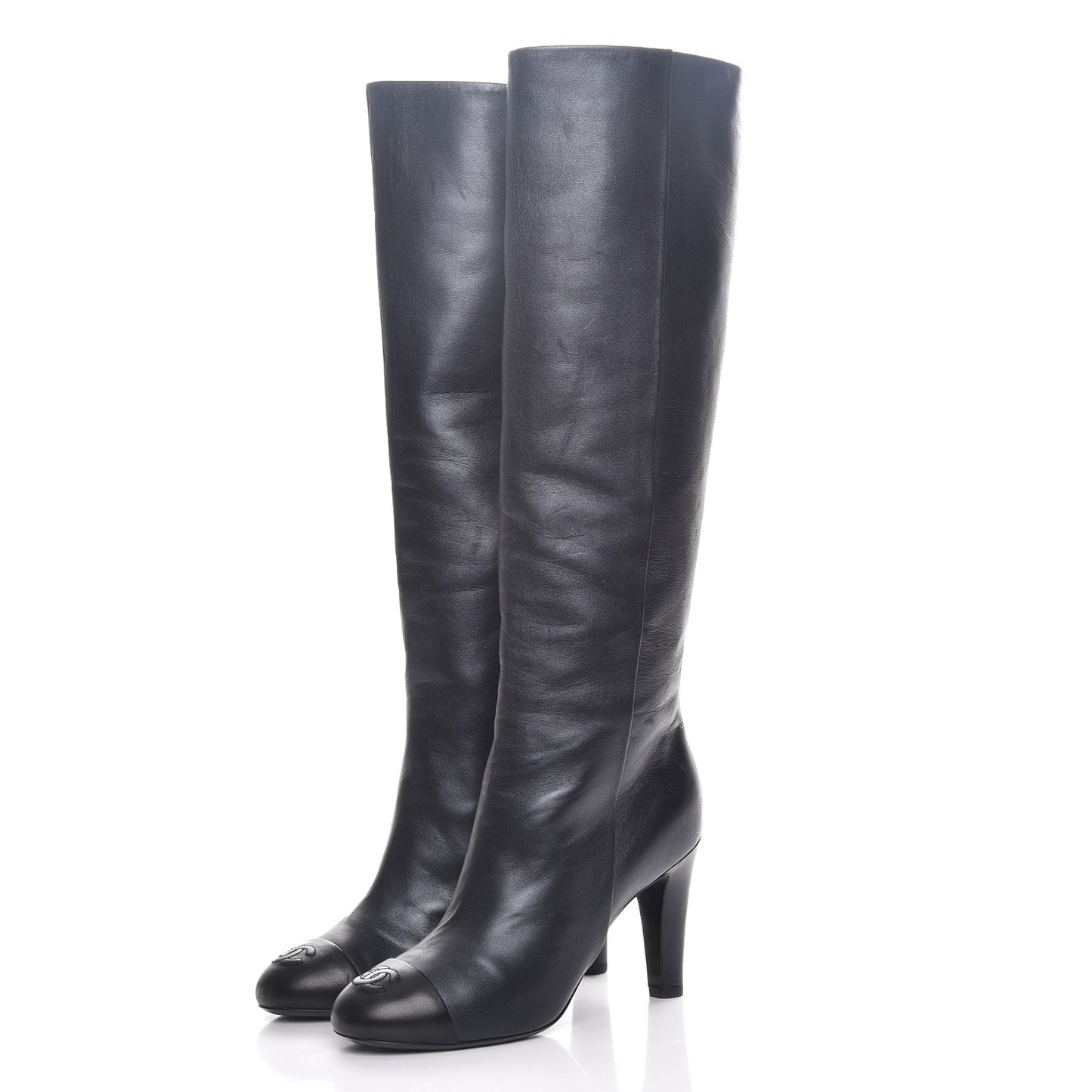 Lambskin CC Cap Toe High Boots 39 Pearly Black
