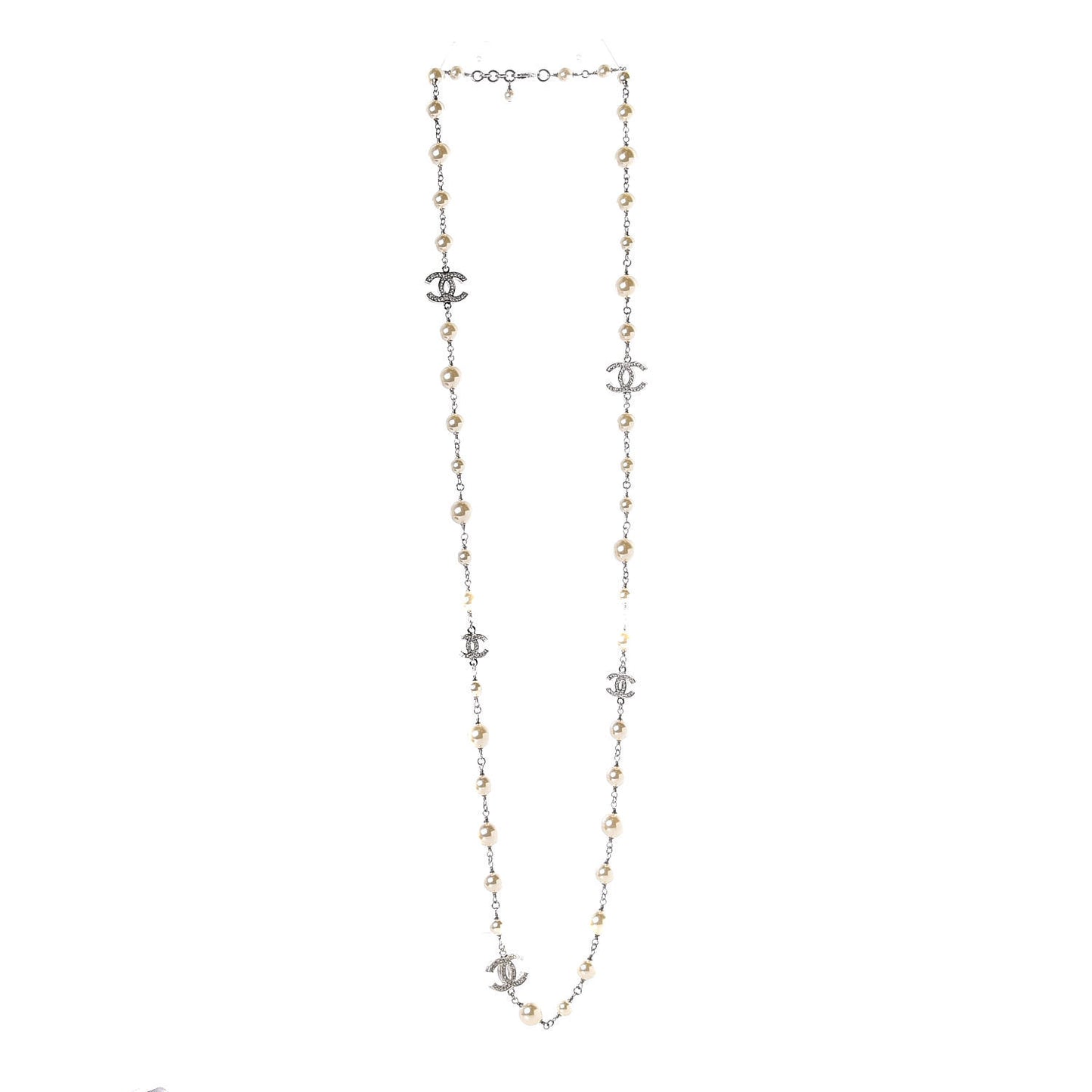 Crystal Pearl CC Long Necklace Silver
