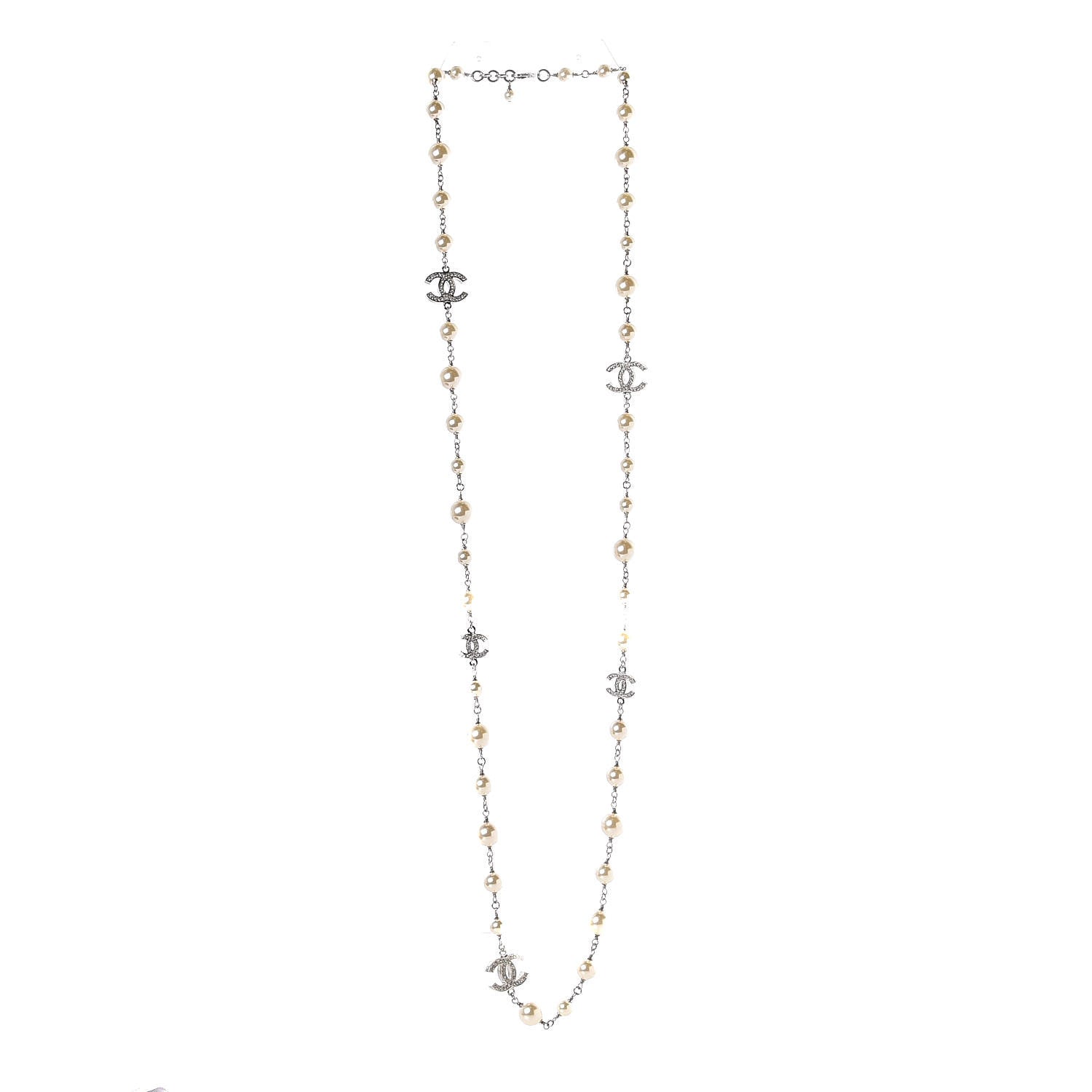 Chanel Crystal Pearl CC Long Necklace Silver 3 of 5