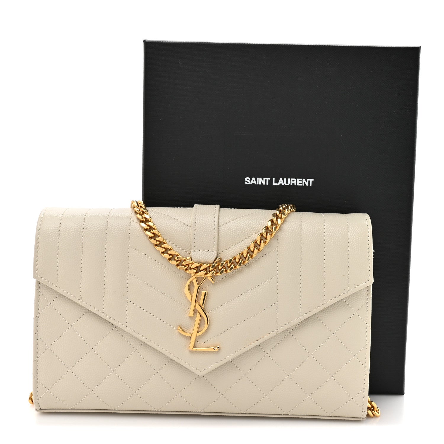 Saint Laurent Grain De Poudre Mixed Matelasse Triquilt Monogram Chain Wallet Crema Soft 12 of 12