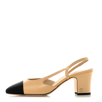 Chanel Goatskin Grosgrain Cap Toe CC Slingback Pumps 37.5 Beige Black 1 of 9