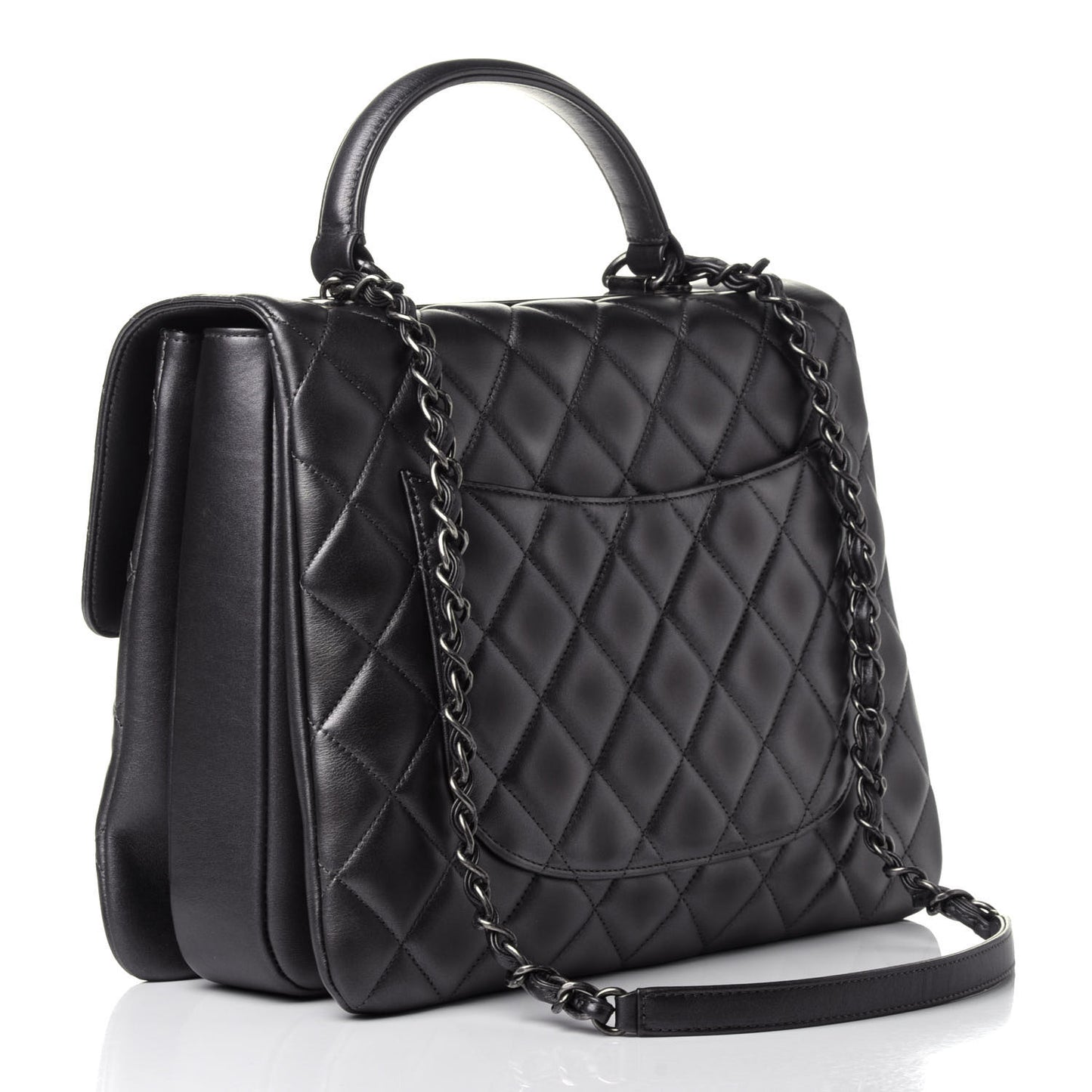 Metallic Calfskin Quilted Large Trendy CC Flap Dual Handle Bag Dark Silver
