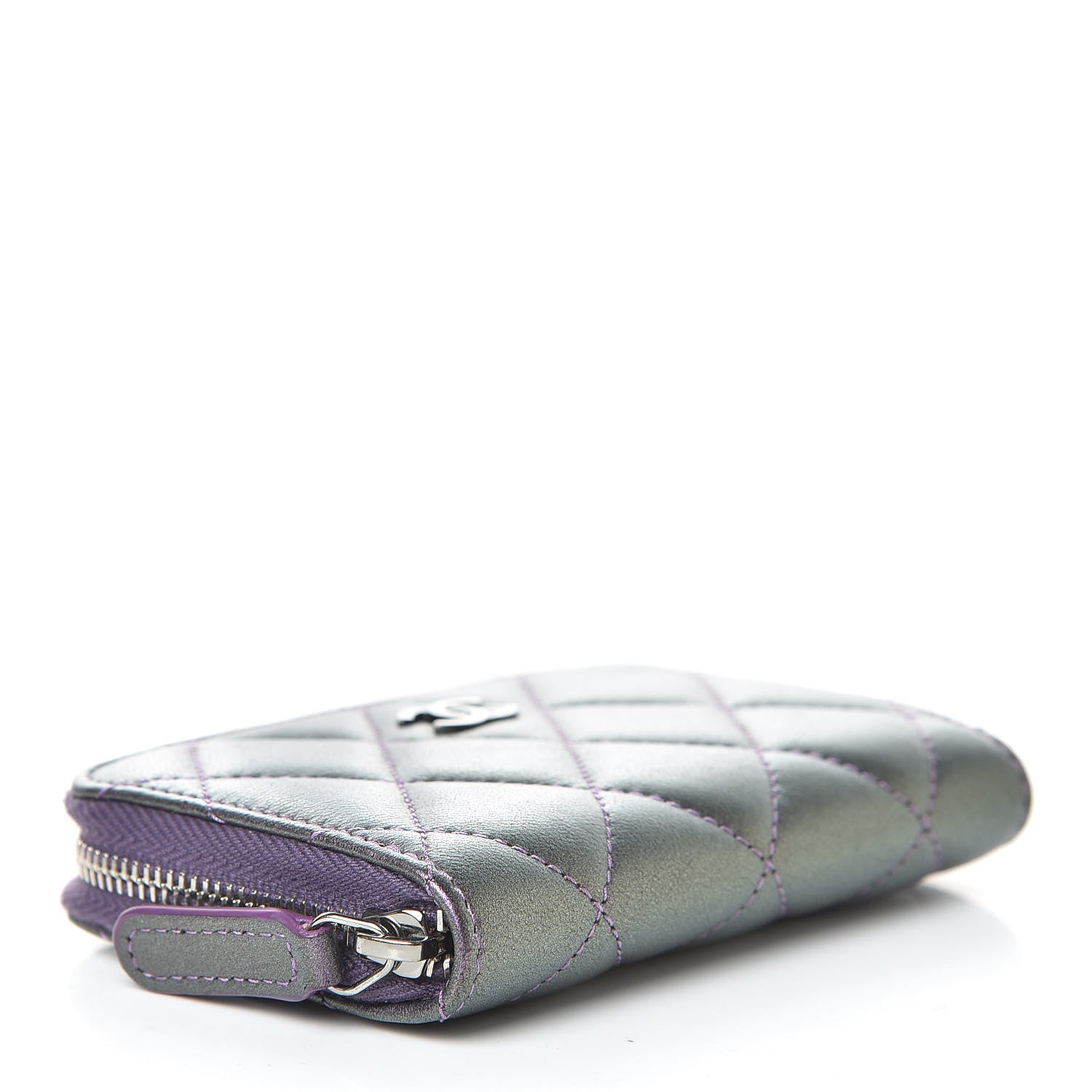 Chanel Metallic Lambskin Quilted Zip Around Coin Purse Wallet Purple 4 of 8