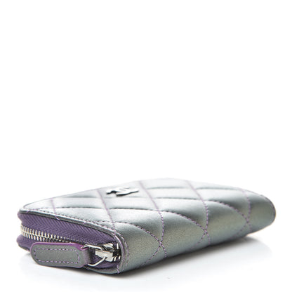 Chanel Metallic Lambskin Quilted Zip Around Coin Purse Wallet Purple 4 of 8