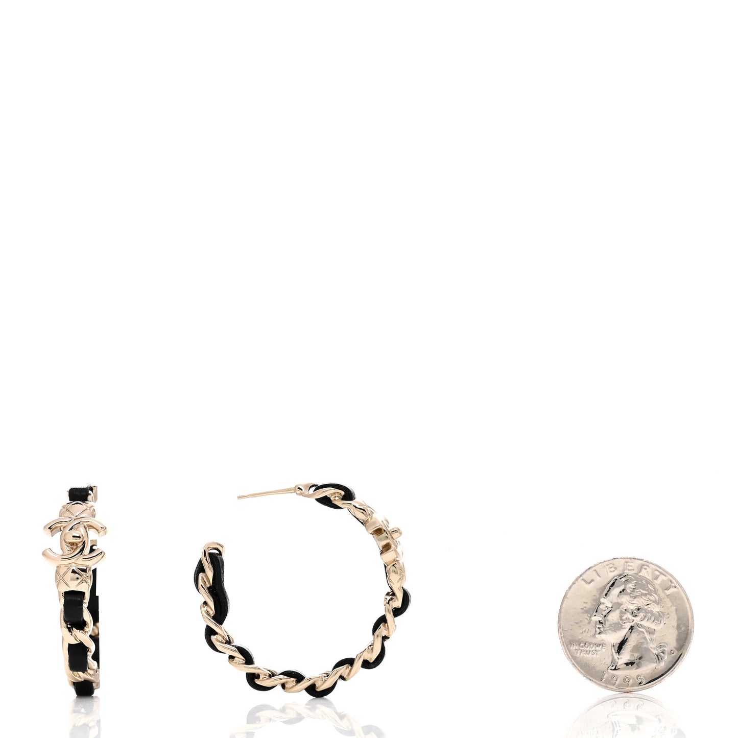 Metal Lambskin Quilted CC Turnlock Chain Hoop Earrings Gold Black