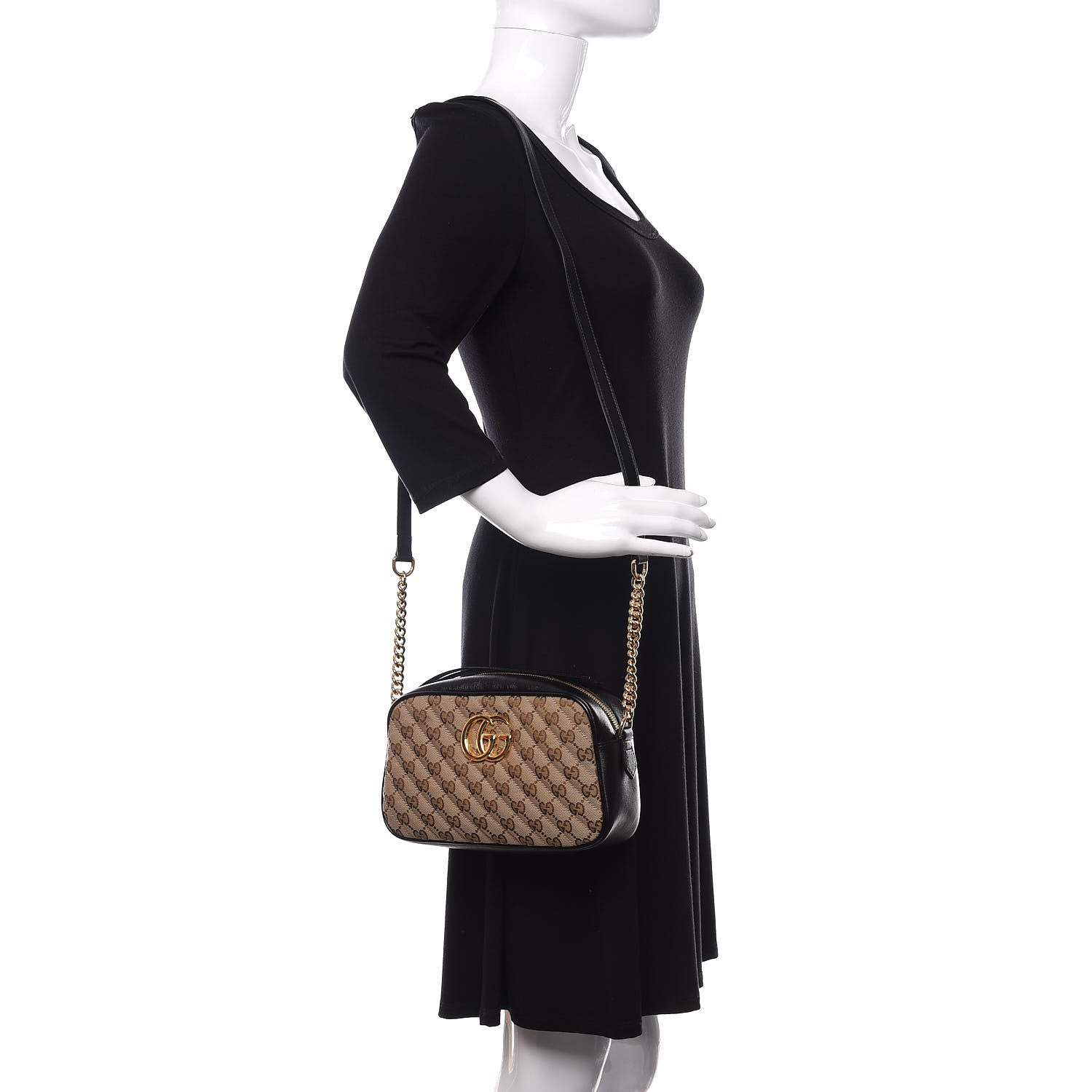 Gucci Monogram Matelasse Diagonal Small GG Marmont Chain Shoulder Bag Beige Black 2 of 11