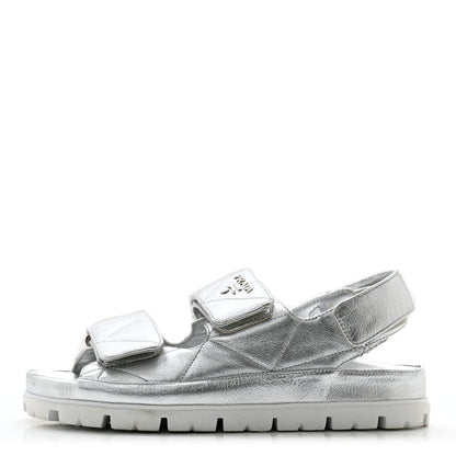 Prada Metallic Nappa Quilted Padded Slingback Sandals 37 Silver 1 of 10