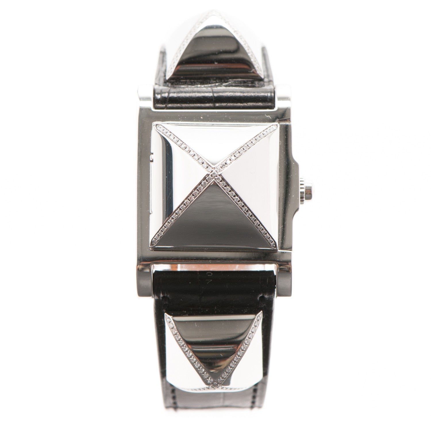Hermes Stainless Steel Alligator Diamond 23mm Medor Quartz Watch Noir 1 of 11