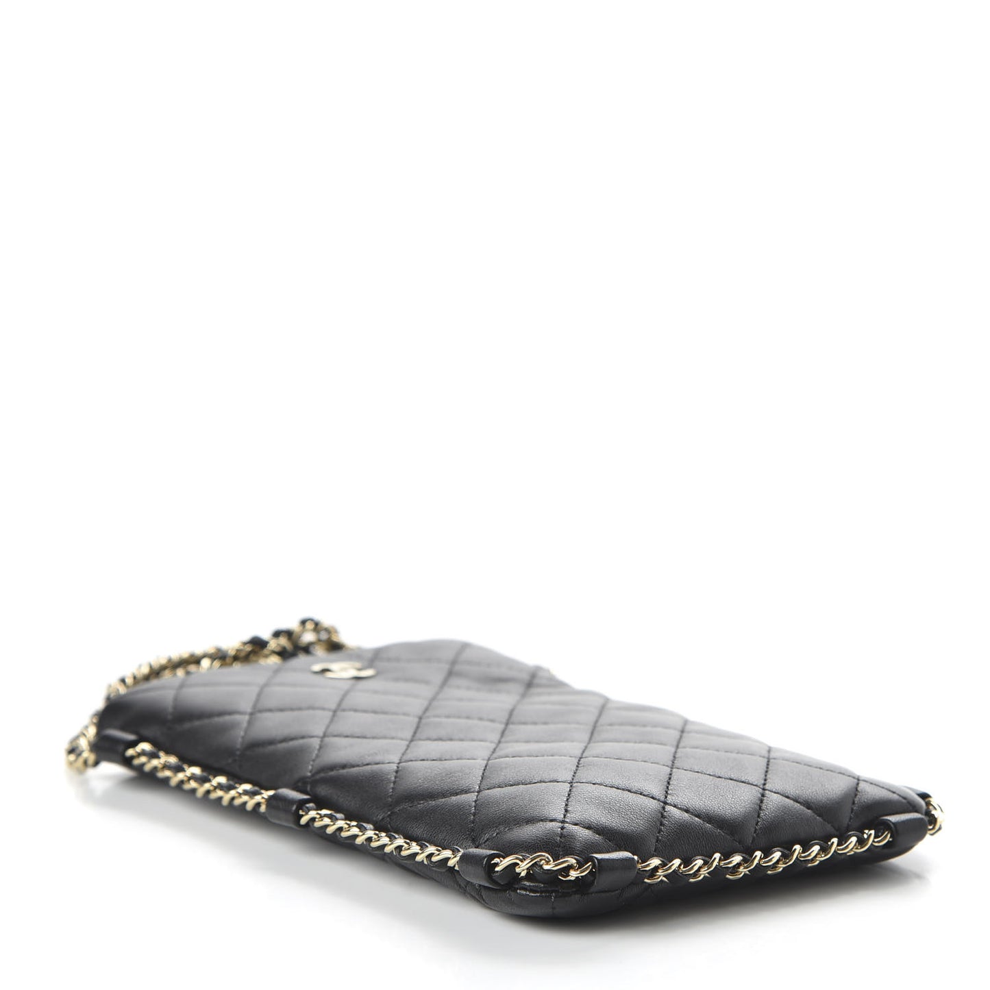 Lambskin Quilted Chain Around Phone Holder Black