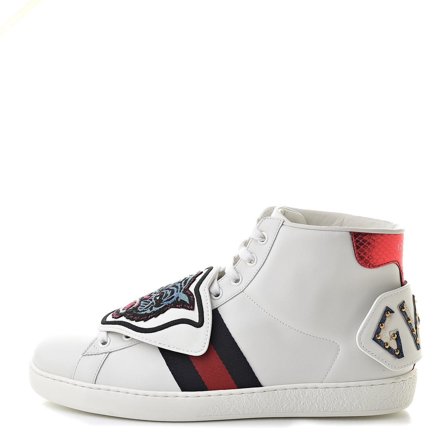 Calfskin Ayers Embroidered Web Mens Ace Removable Patches High Top Sneakers 7.5 White