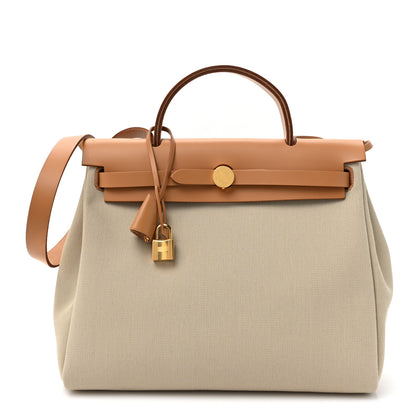 Hermes Military Toile Vache Hunter Herbag Zip Retourne 31 PM Beton Naturel 1 of 11