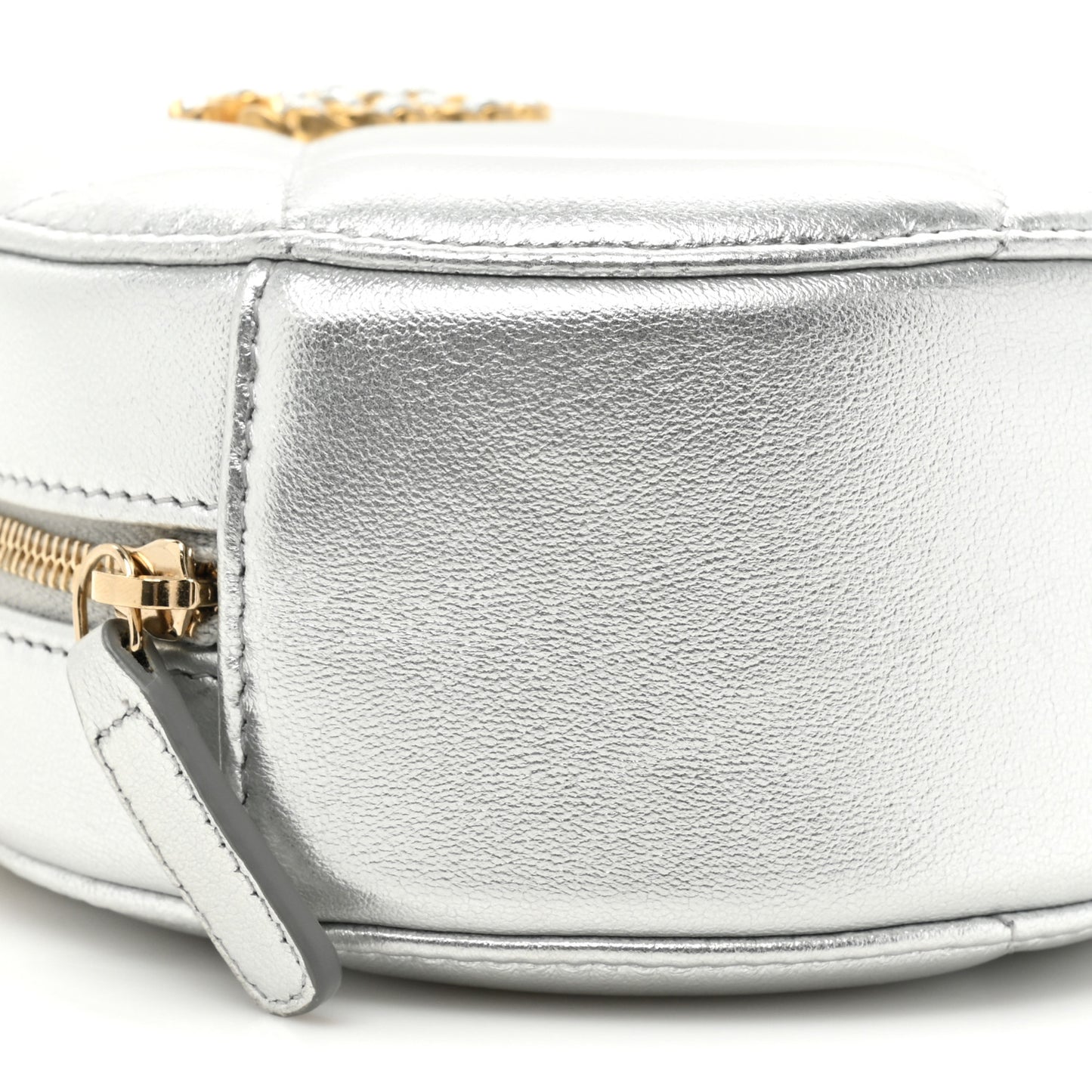 Metallic Lambskin Quilted Chanel 19 Round Clutch With Chain Silver