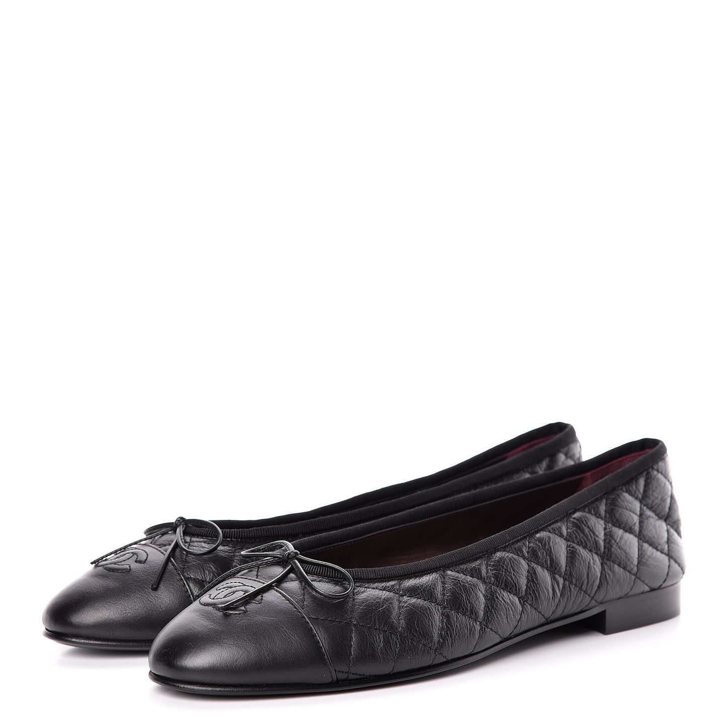 Aged Calfskin Quilted Cap Toe Ballerina Flats 42 Black
