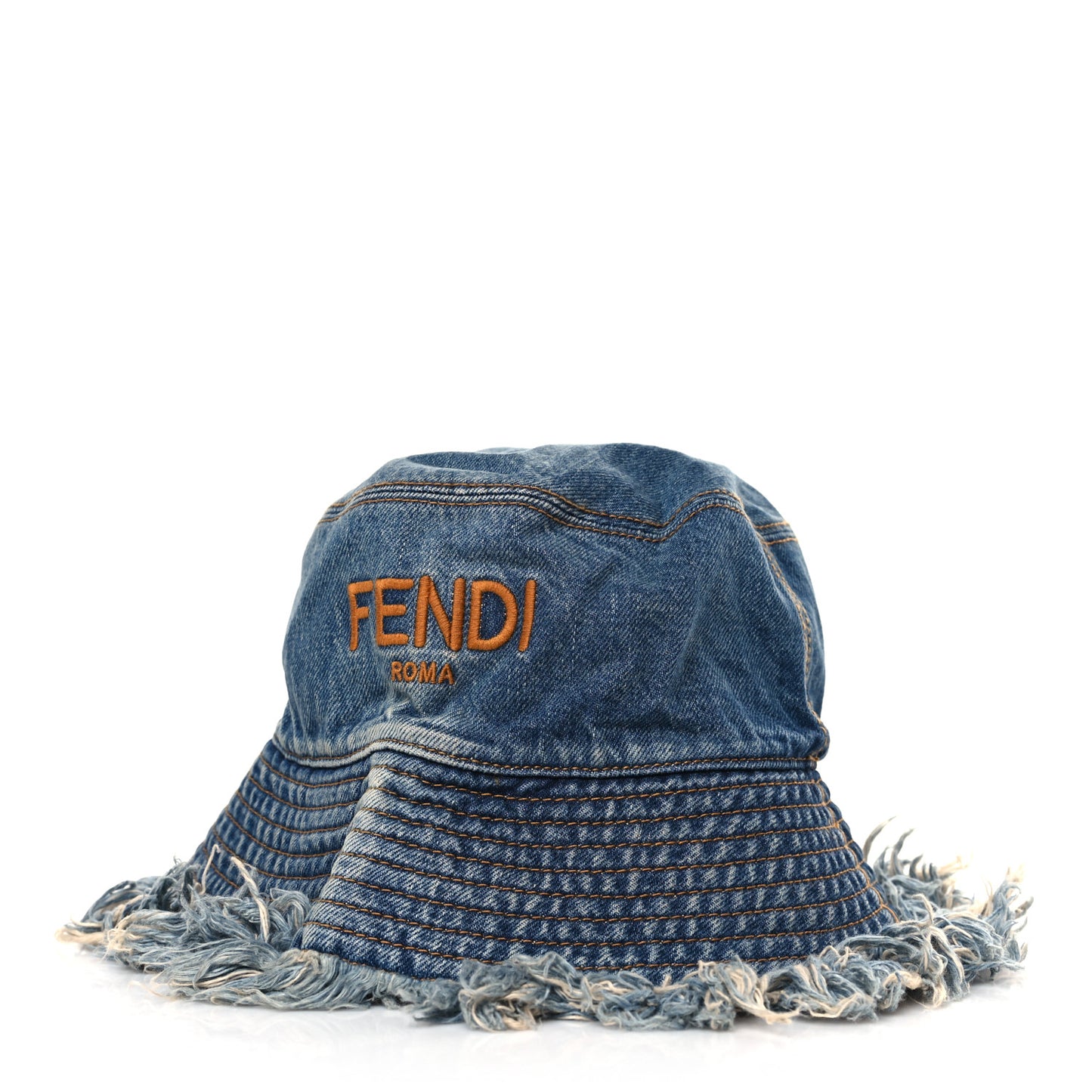 Denim Frayed Logo Embroidered Bucket Hat M Blue