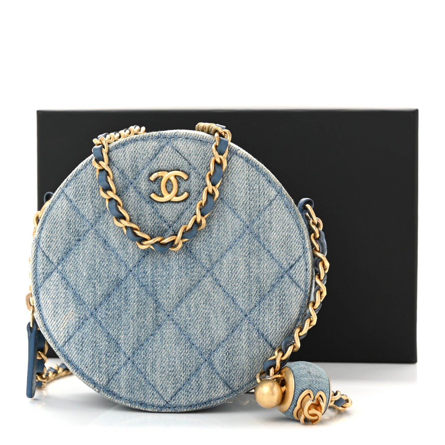 Chanel Denim Quilted Round Pearl Crush Clutch With Chain Blue