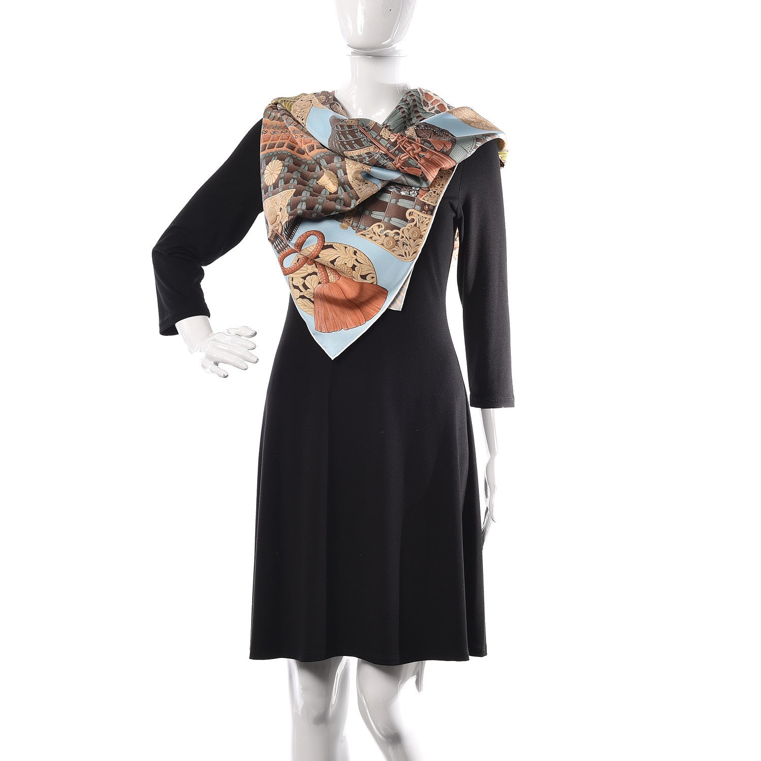 Hermes Silk Parures de Samourais Scarf 90 Bleu Ciel Vert Marron 2 of 4