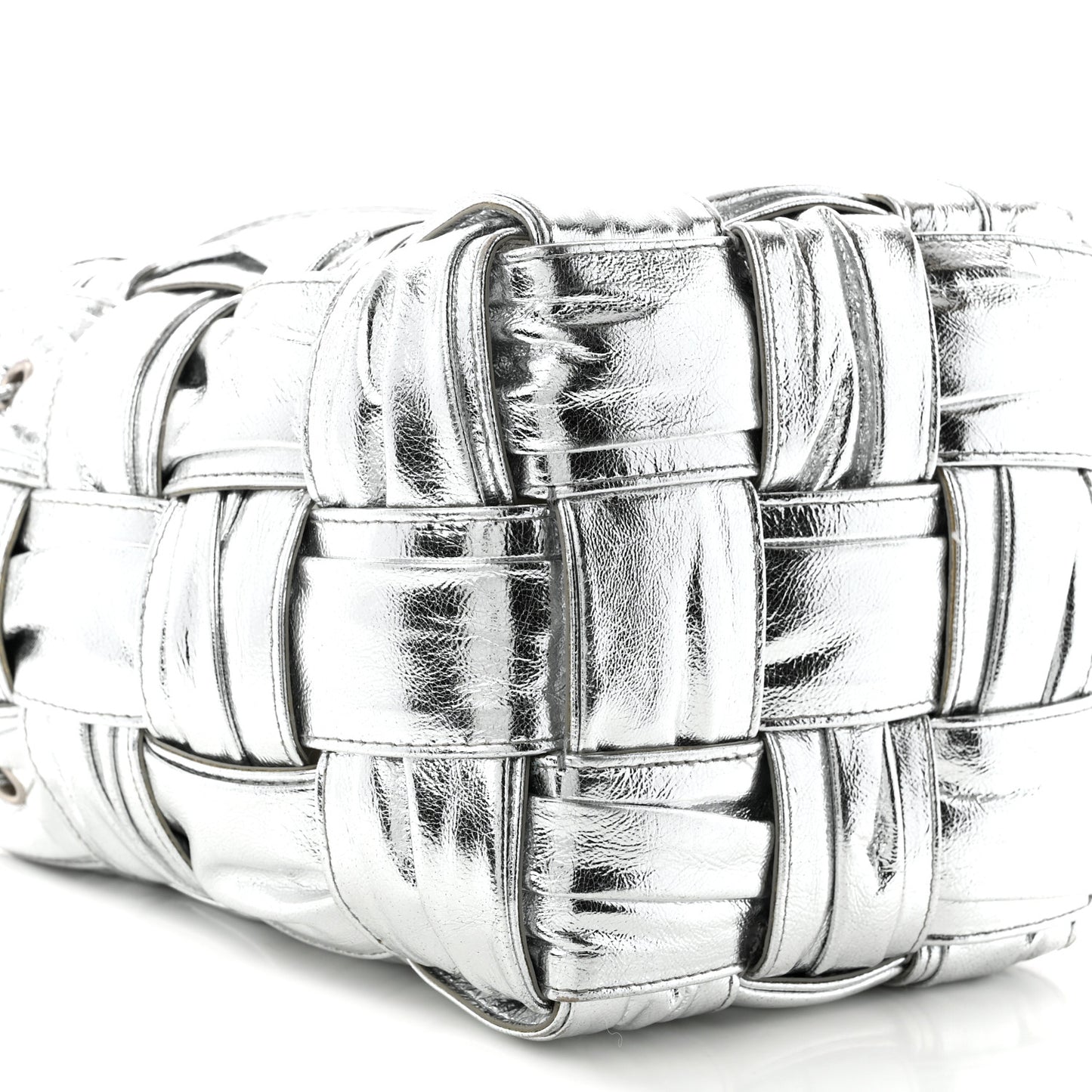 Metallic Calfskin Intrecciato Foulard Bucket Bag Silver